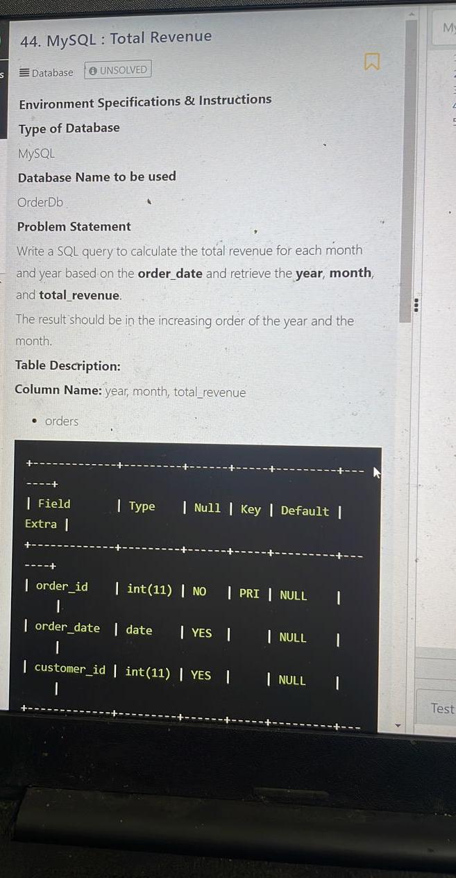 MySQL : Total Revenue Database Environment Specifications & Instructions Type of