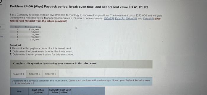 Problem 24-5A (Algo) Payback period, break-even time, and net present value