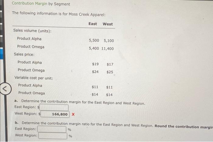  Contribution Margin by Segment The following information is for Moss Creek