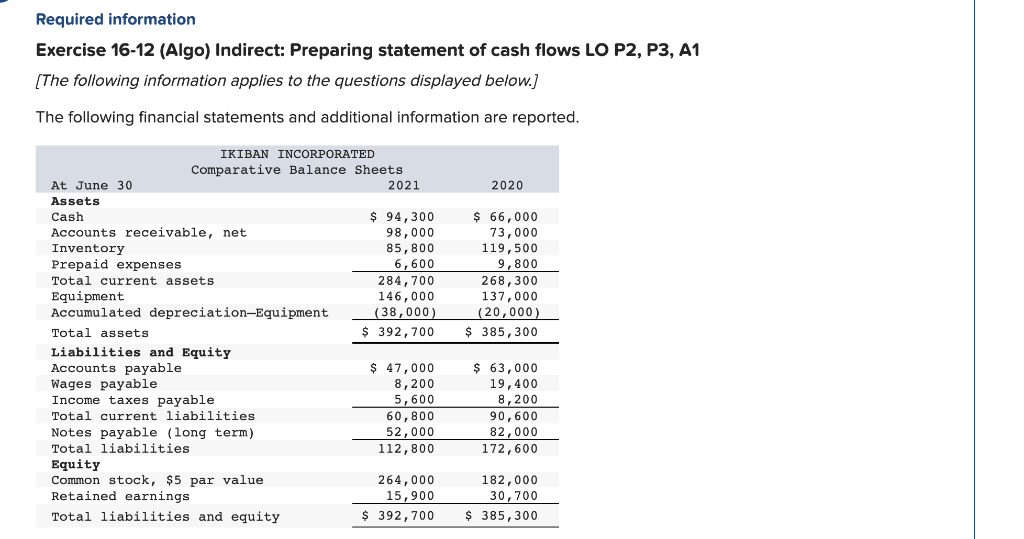  Show your work and explain your answer. Required information Exercise 16-12