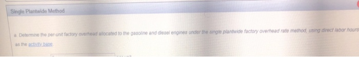  Single Plantwide Method a Determine the per unit factory overhead allocated