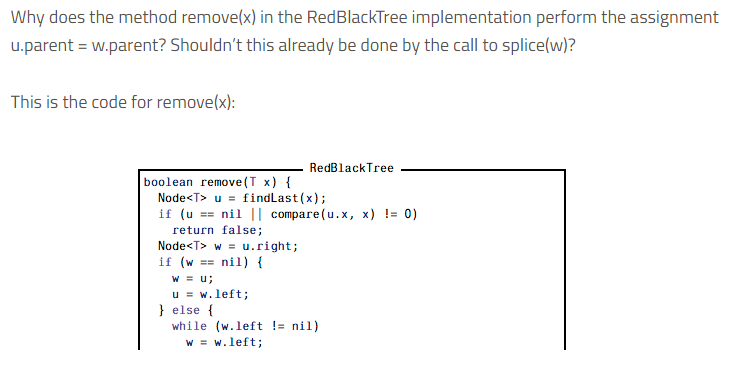  Why does the method remove(x) in the RedBlackTree implementation perform the