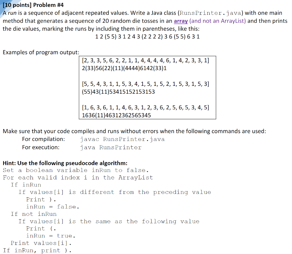  20 random die tosses in an array (NOT an ArrayList). previous