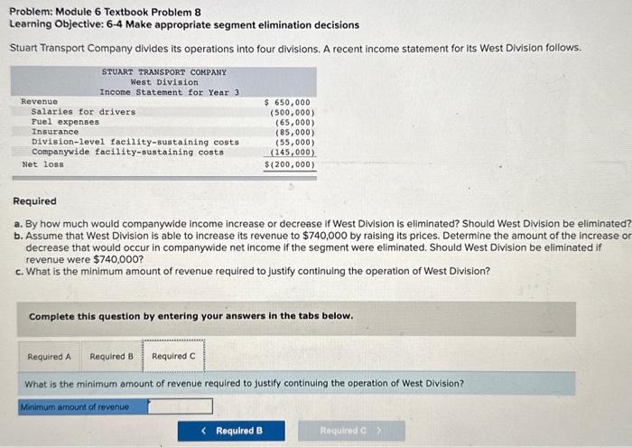 A recent income statement for its West Division follows. Revenue STUART TRANSPORT