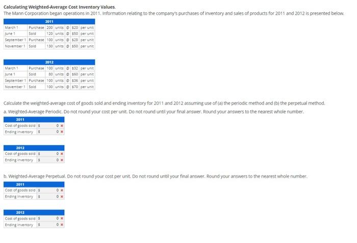  need assitance with this problem Calculating Weighted Average Cost inventory Values.
