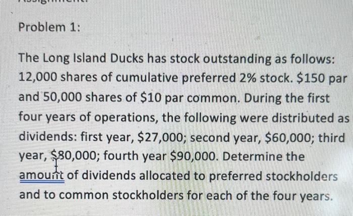  Problem 1: The Long Island Ducks has stock outstanding as follows: