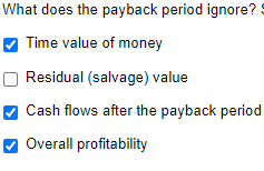answer question with explanation. Thanks What does the payback period ignore? Time