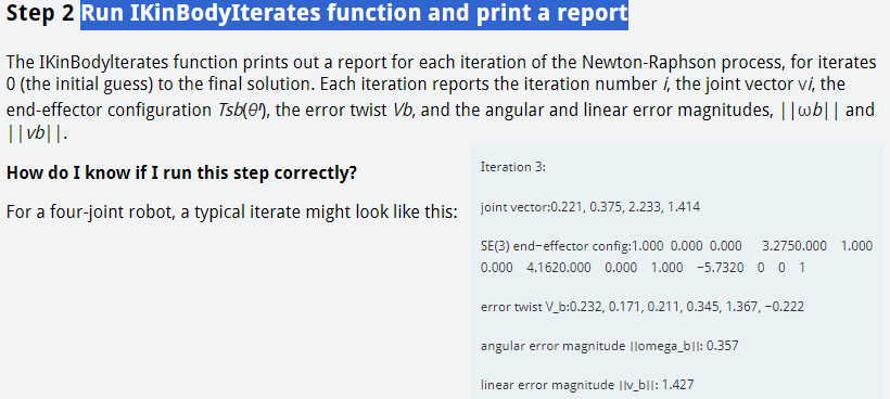  Step 2 Run IKinBodyIterates function and print a report The IKinBodylterates