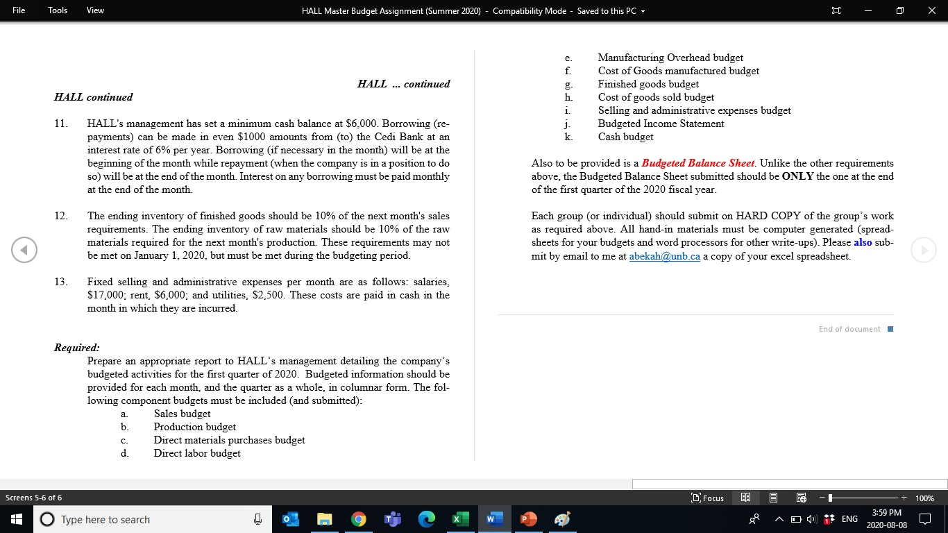 Abekah Managerial Accounting Summer 2020 Master Budget Due Date: Friday August 7,