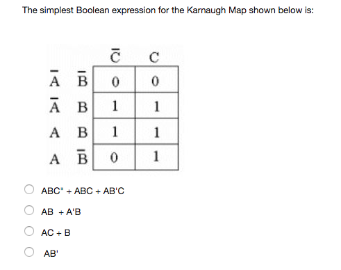  The simplest Boolean expression for the Karnaugh Map shown below is