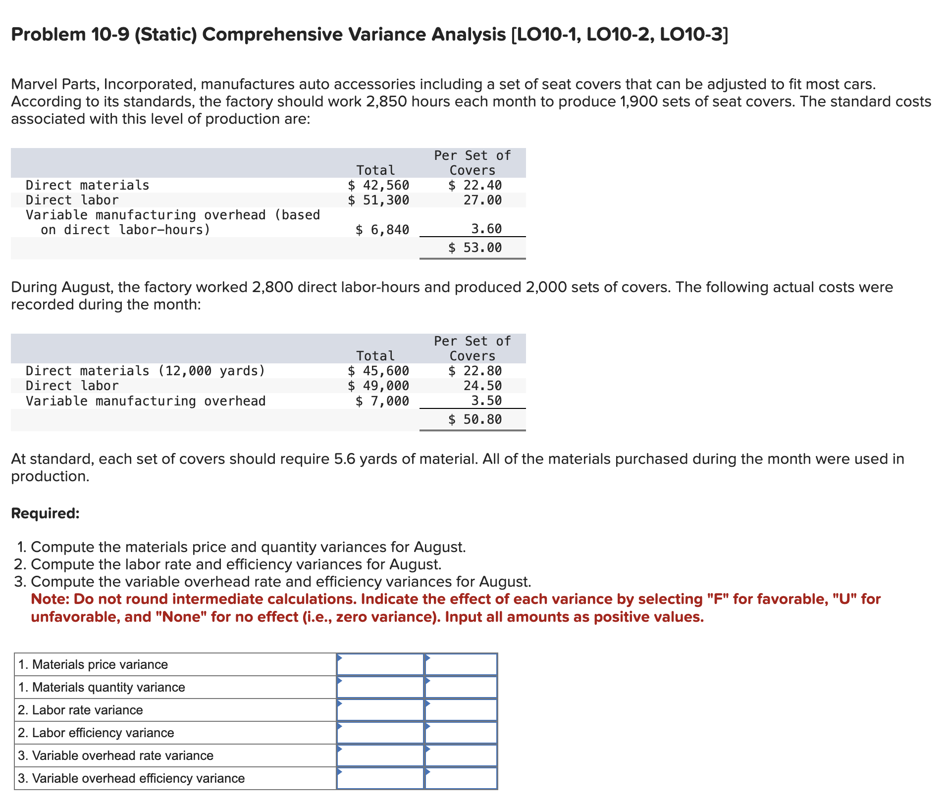  Problem 10-9 (Static) Comprehensive Variance Analysis [LO10-1, L010-2, L010-3] Marvel Parts,