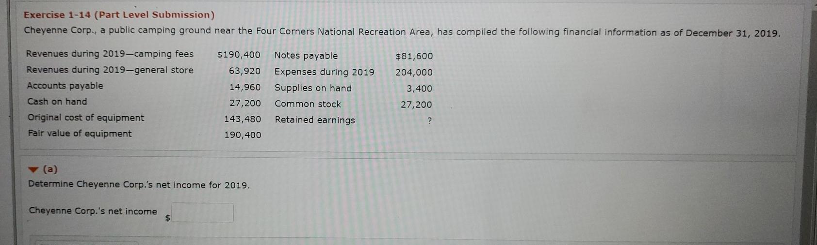 Exercise 1-14 (Part Level Submission) Cheyenne Corp., a public camping ground