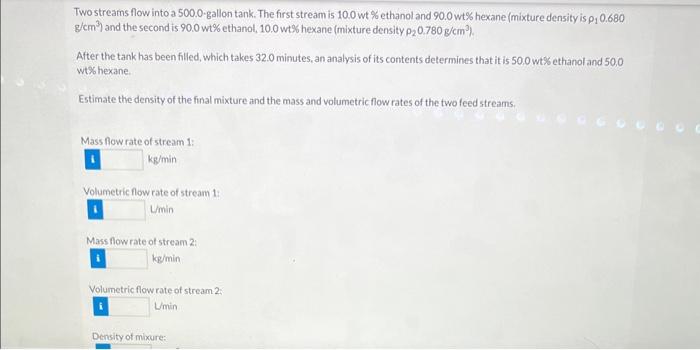  Two streams flow into a 500.0-gallon tank. The first stream is