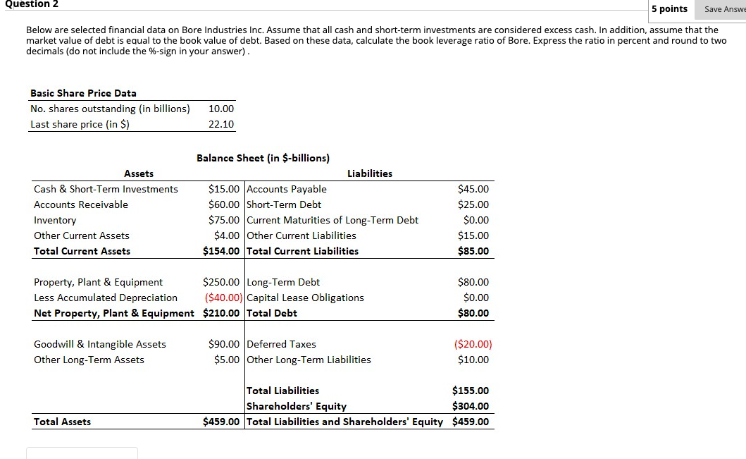  Question 2 5 points Save Answe Below are selected financial data