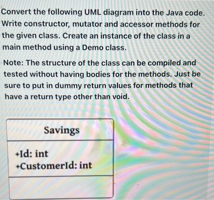 Convert the following UML diagram into the Java code. Write constructor,