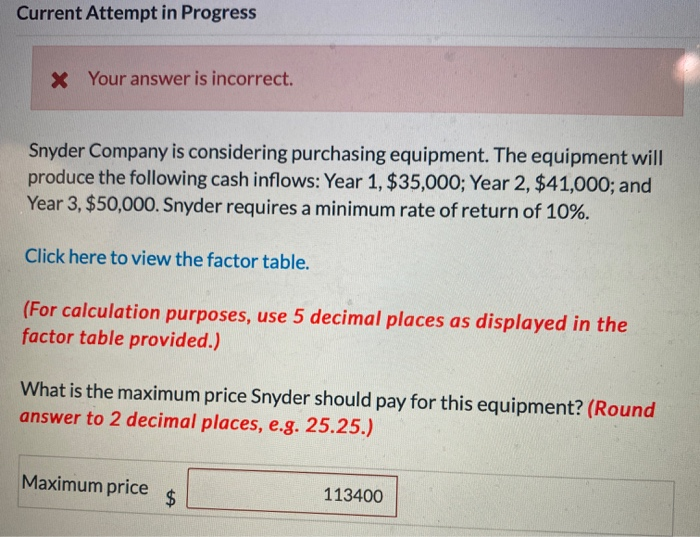  Current Attempt in Progress X Your answer is incorrect. Snyder Company