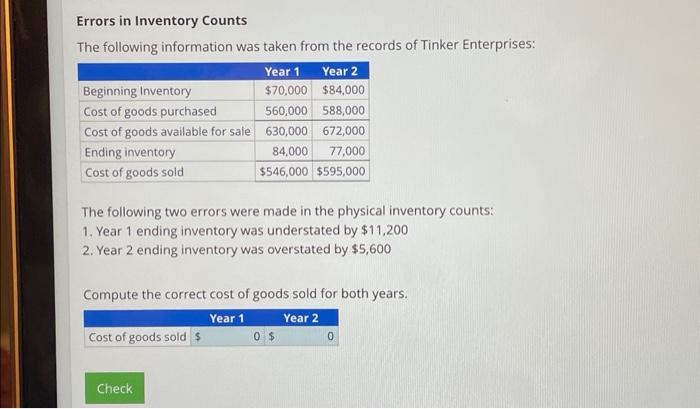 Errors in Inventory Counts The following information was taken from the