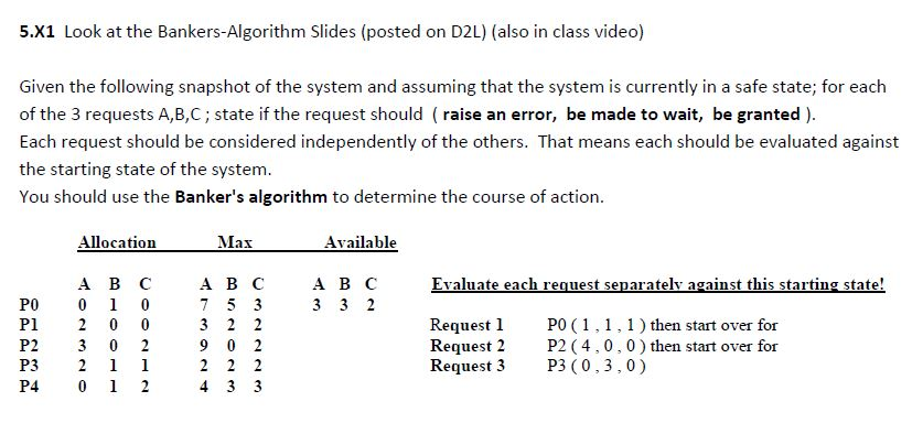 Banker's Algorithm Operating Systems 5X1 Look at the Bankers-Algorithm slides (posted on
