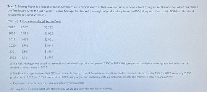  ONLY ANSWER QUESTION D PLEASE Team 2) Marcus Foods is a