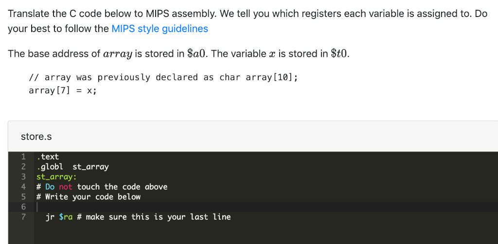 C to MIPS Problem (Store) Editor Simple Translate the C code below
