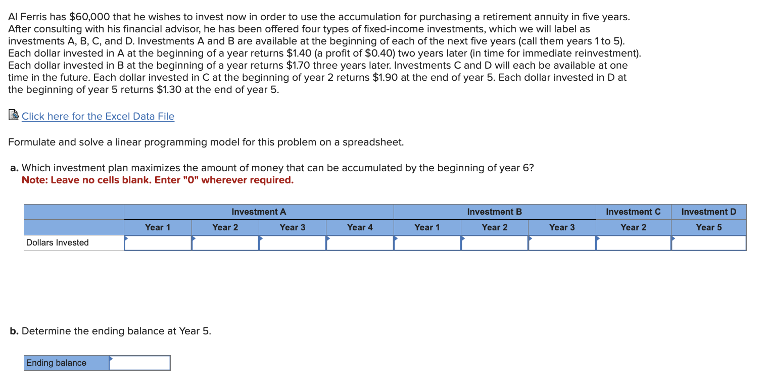  Al Ferris has $60,000 that he wishes to invest now in