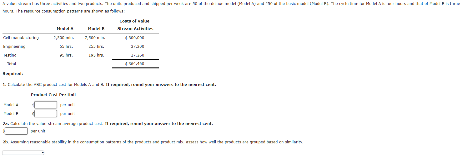A value stream has three activities and two products. The units