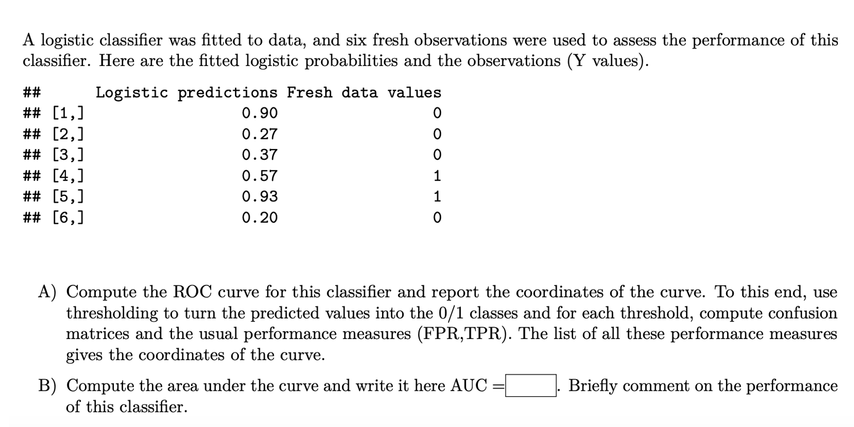 Answer this by using R code: A logistic classifier was fitted