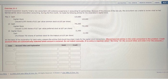  CALCULATOR FULL SCREEN PRINTER VERSION HACK NEXT Exercise 11-5 Concord Corporation