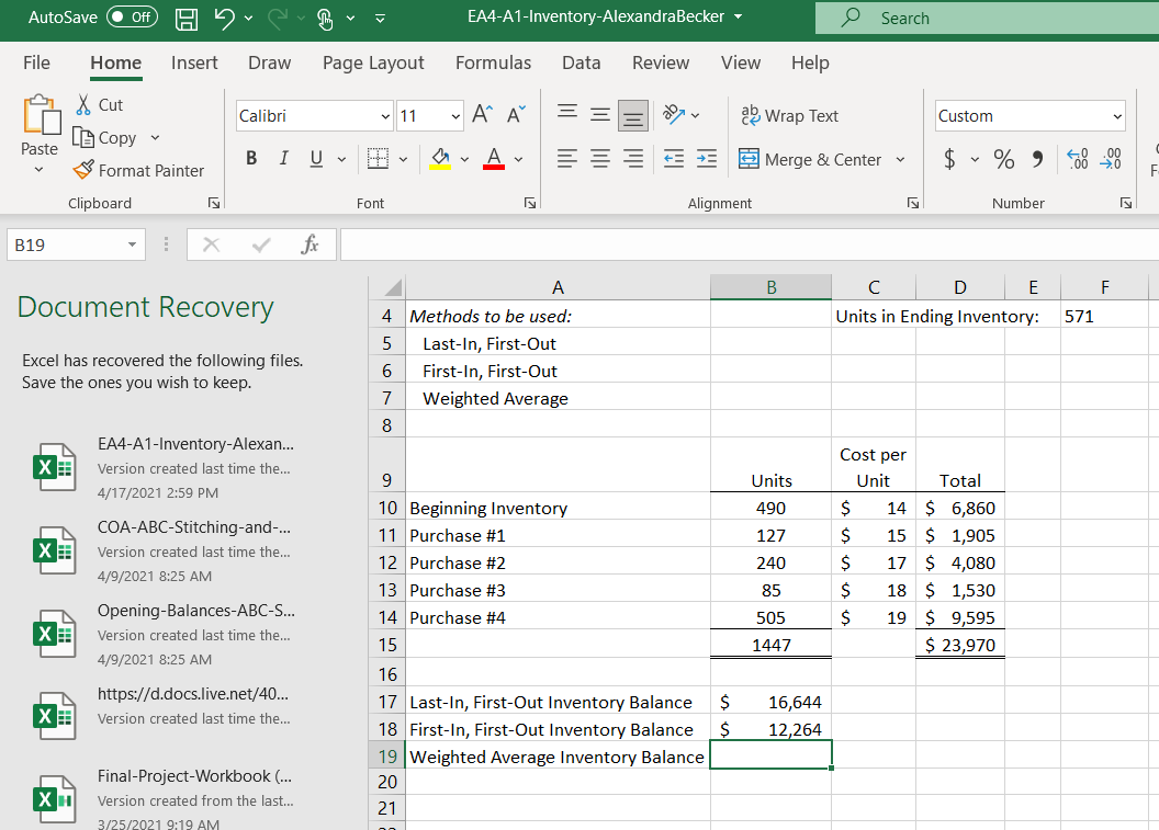  What formula do I enter in cell B19 in order to