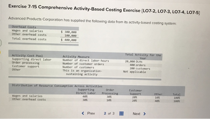  Exercise 7-15 Comprehensive Activity-Based Costing Exercise(07-2, LO73, LO74, LO75) Advanced Products