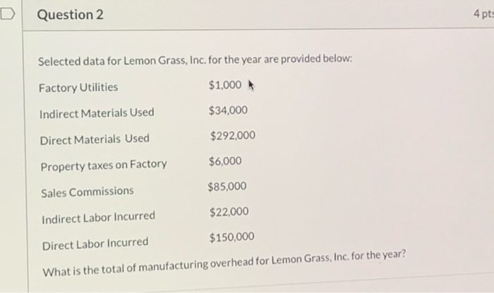  Question 2 4 pts Selected data for Lemon Grass, Inc. for