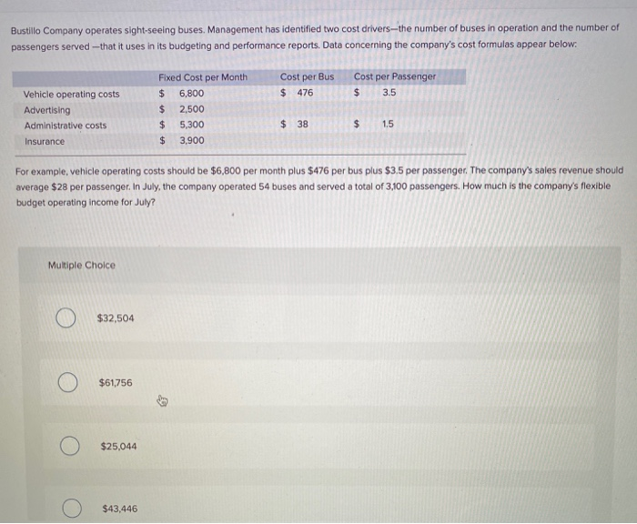  Bustillo Company operates sight-seeing buses. Management has identified two cost drivers-the
