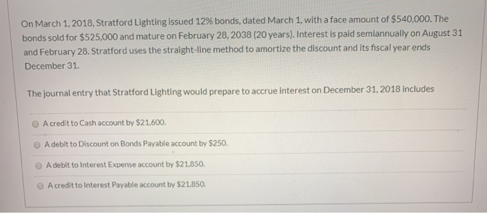  On March 1, 2018, Stratford Lighting issued 12% bonds, dated March