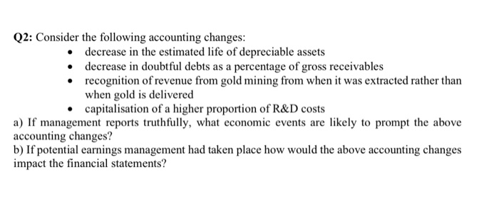  Q2: Consider the following accounting changes: decrease in the estimated life