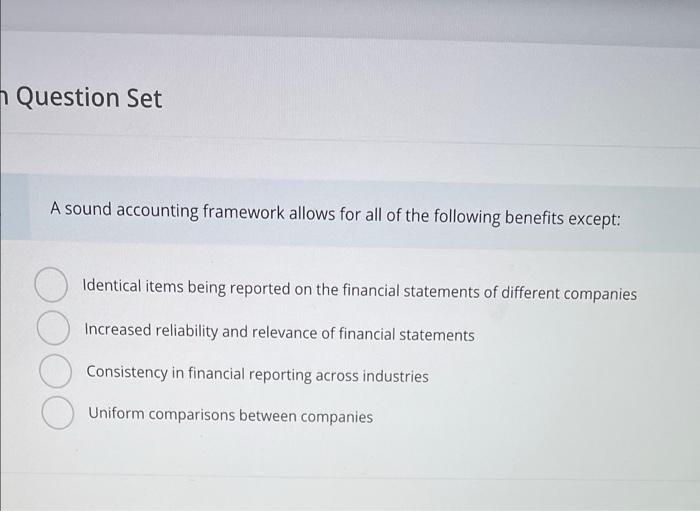  n Question Set A sound accounting framework allows for all of