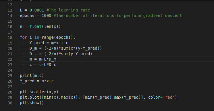 Python error: GradientDescent.py:20: RuntimeWarning: overflow encountered in multiply D_m = (-2)*sum(x*(y-Y_pred)) GradientDescent.py:22: