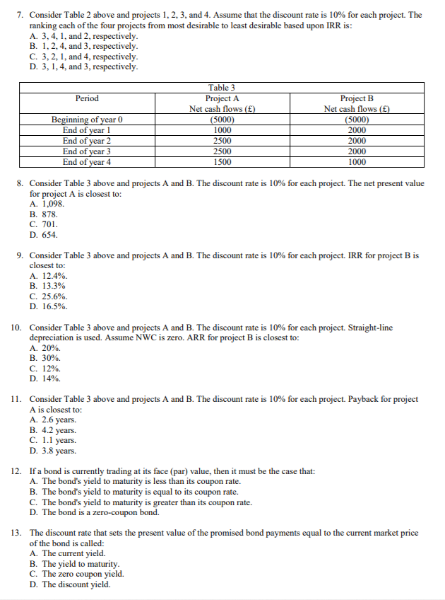  7. Consider Table 2 above and projects 1, 2, 3, and