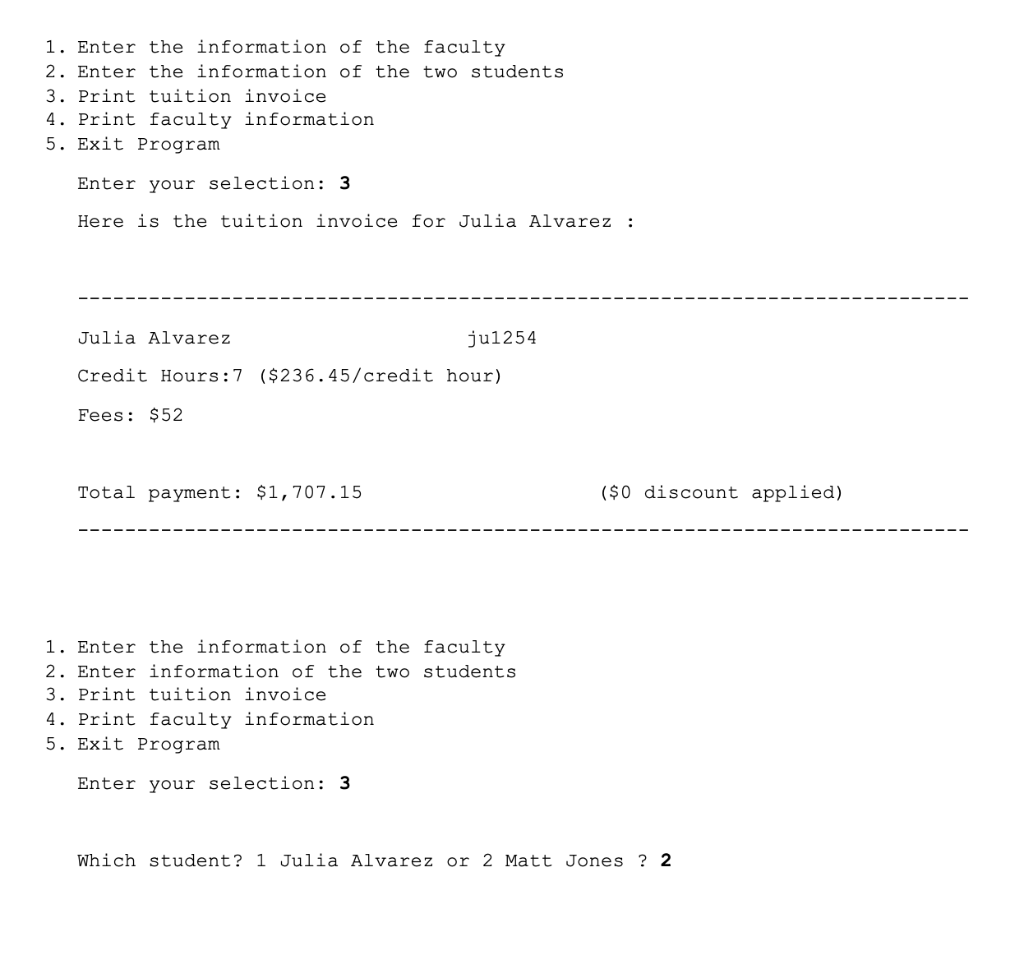 and faculty. For each object, the program stores relevant information such as