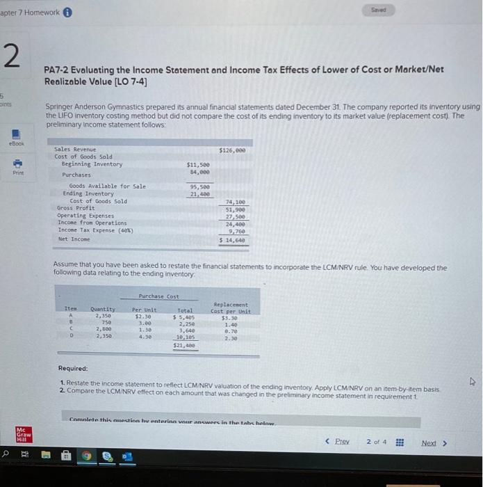  Swed apter 7 Homework 2 PA7-2 Evaluating the Income Statement and