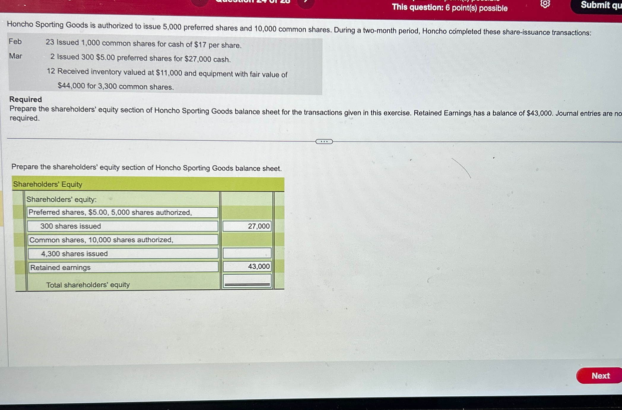  This question: 6 point(s) possible Submit qu Honcho Sporting Goods is