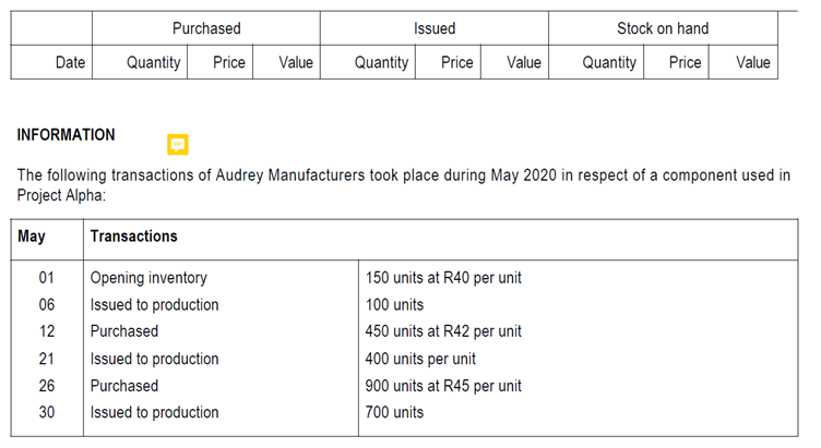  Please complete the table for the transactions provided using FIFO method