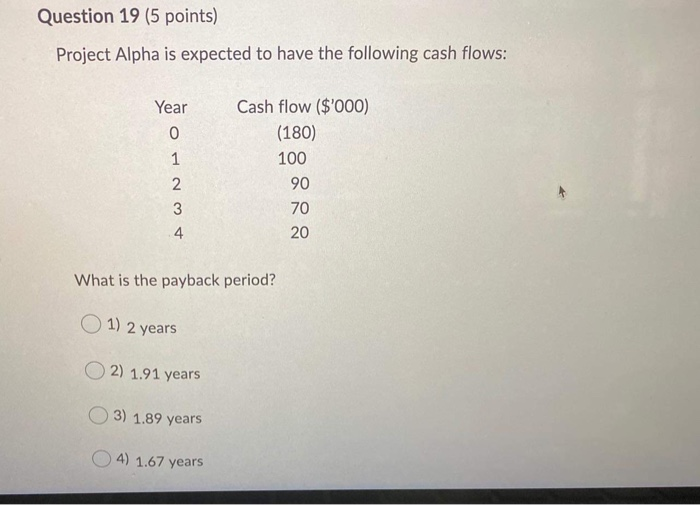  Question 19 (5 points) Project Alpha is expected to have the