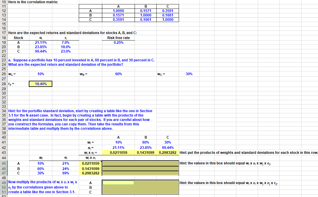 Hint: for the portoflio standard deviation, start by creating a table like