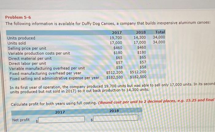  2018 $65 $65 Problem 5-6 The following information is available for