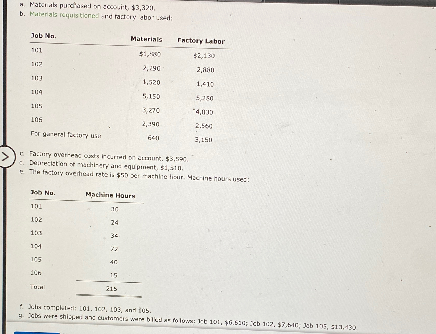  a. Materials purchased on account, $3,320. b. Materials requisitioned and factory