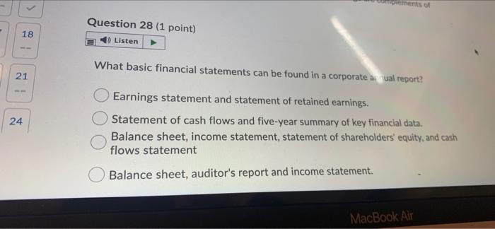  Question 28 (1 point) Listen 18 What basic financial statements can