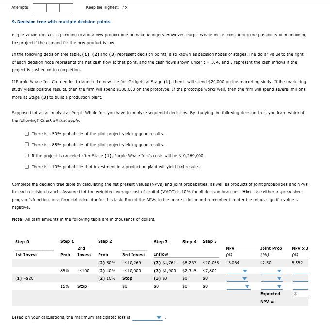  Attempts: Keep the Highest: /3 9. Decision tree with multiple decision