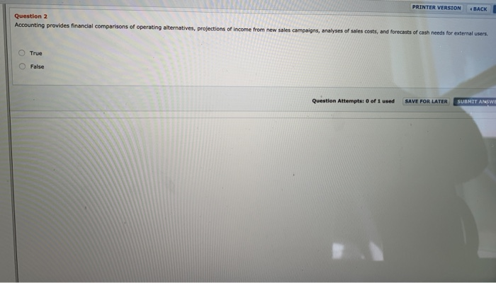  PRINTER VERSION BACK Question 2 Accounting provides financial comparisons of operating