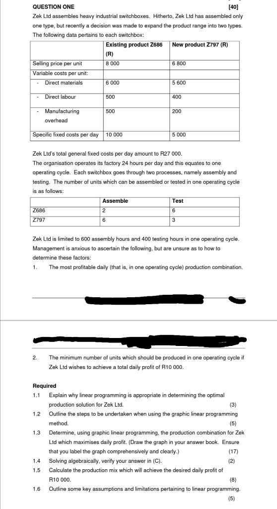  QUESTION ONE [40] Zek Ltd assembles heavy industrial switchboxes. Hitherto, Zek