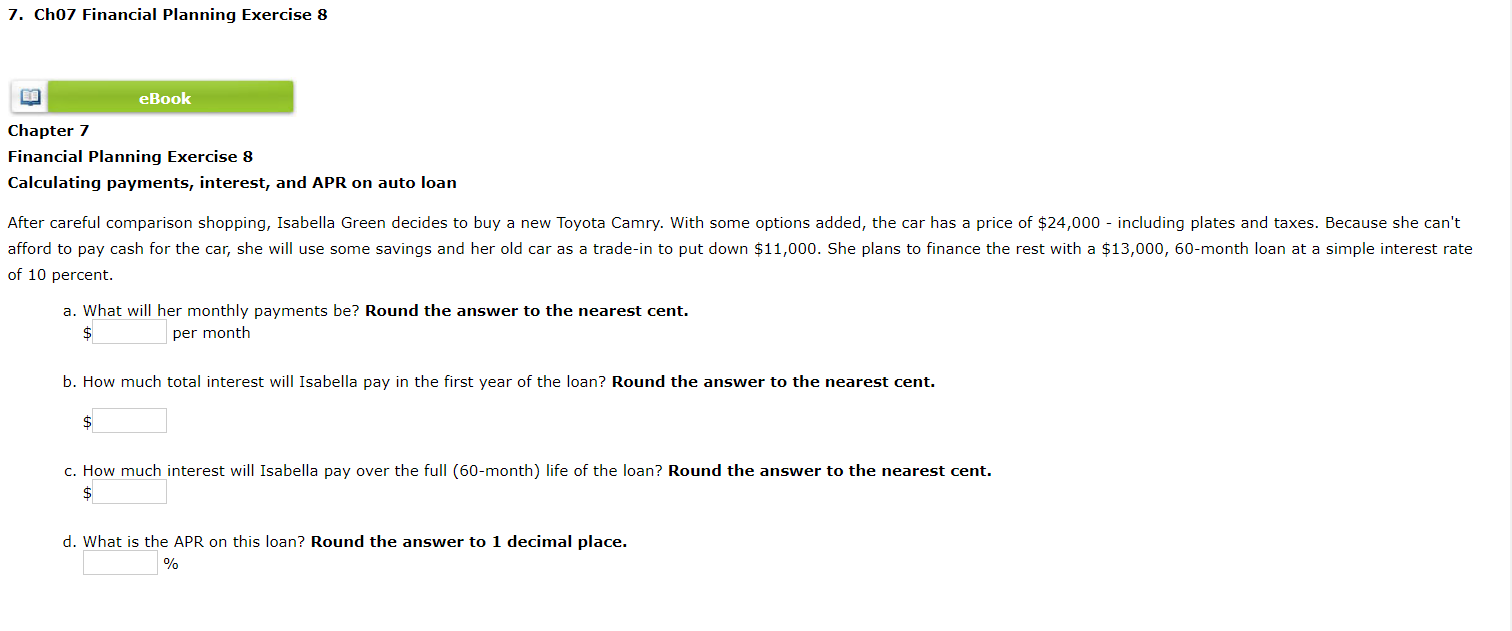 7. Ch07 Financial Planning Exercise 8 eBook Chapter 7 Financial Planning